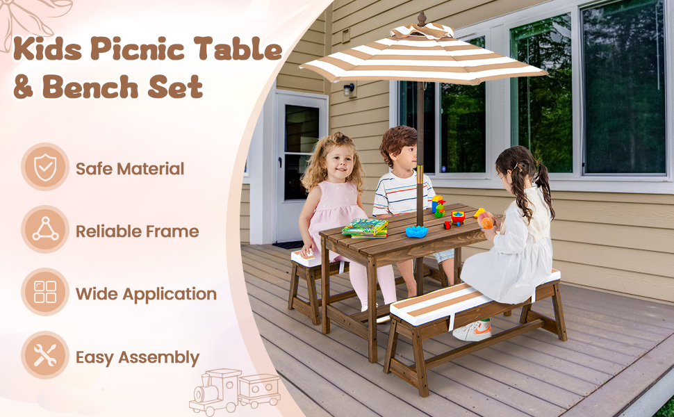 Kids Table Bench Set with Umbrella Cushions for Indoor Outdoor