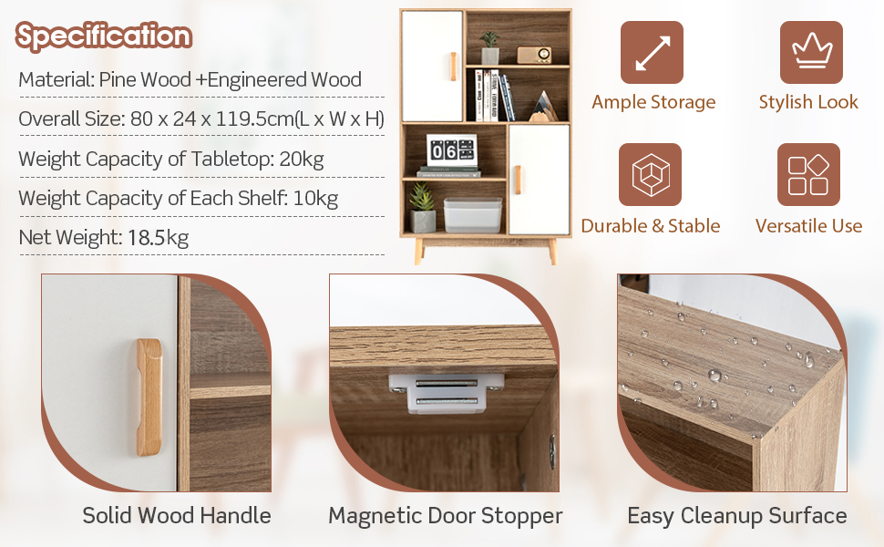 4-Tier Wooden Bookcase with 2 Doors & 4 Open Shelf