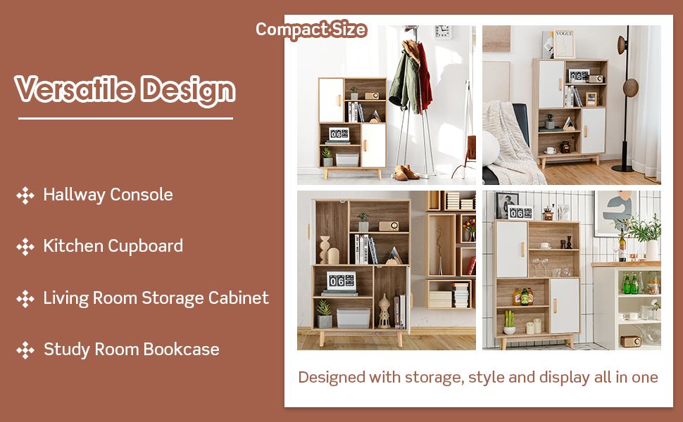 4-Tier Wooden Bookcase with 2 Doors & 4 Open Shelf