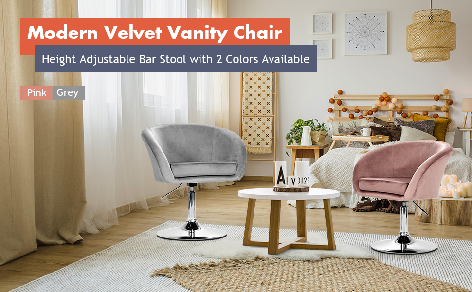 Modern Velvet Vanity Chair Height Adjustable Bar Stool with 360 Degree Swivel