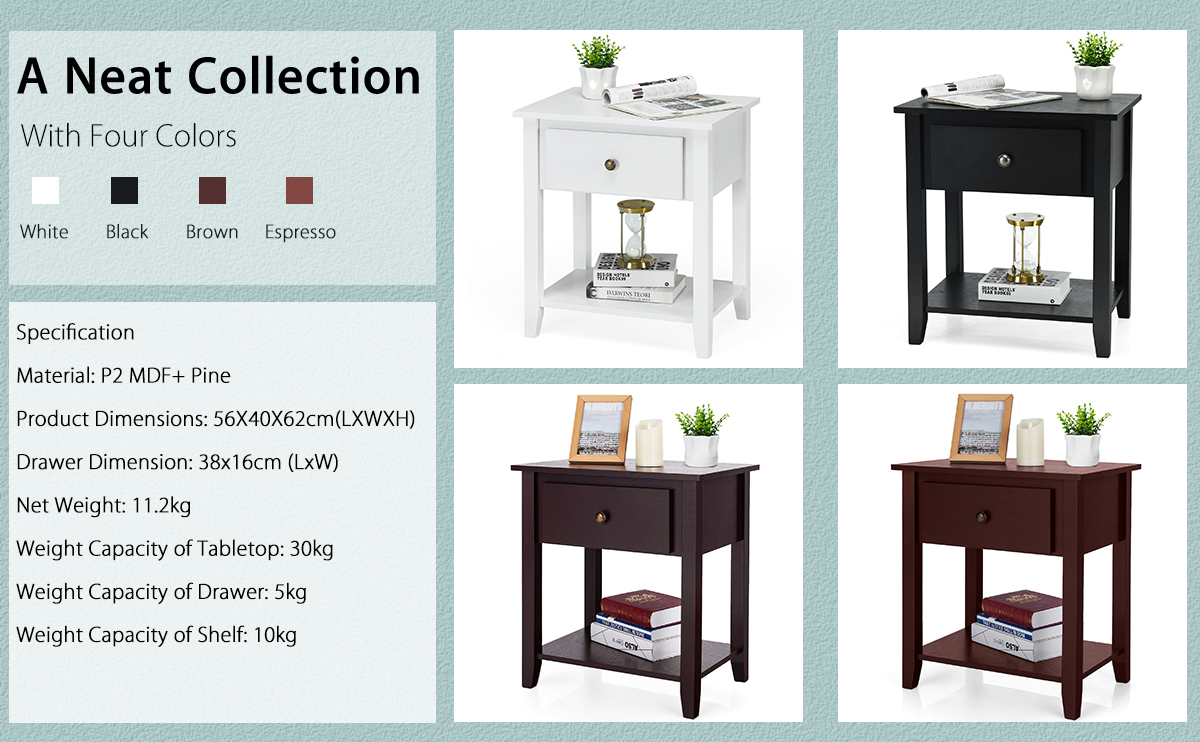 Bedside Tables with Drawer and Storing Shelf for Bedroom/Living Room/Bathroom/Office