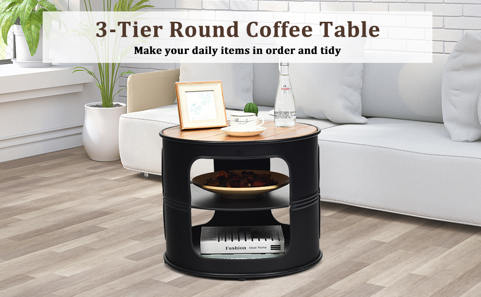 3-tier Round Coffee Table with 2 Storage Shelves