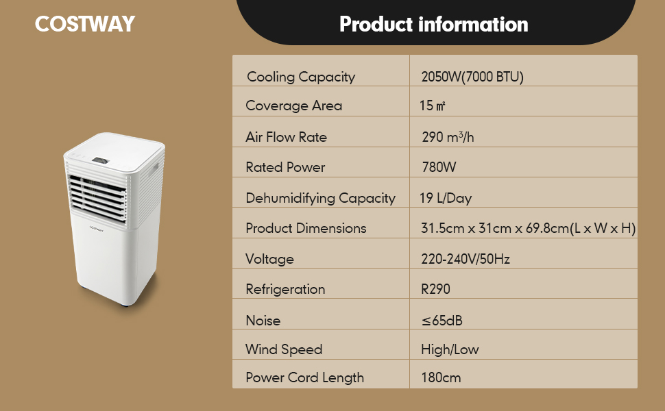 Costway 7000 BTU/2050W Portable Air Conditioner with 2 Fan Speeds & 4 Casters
