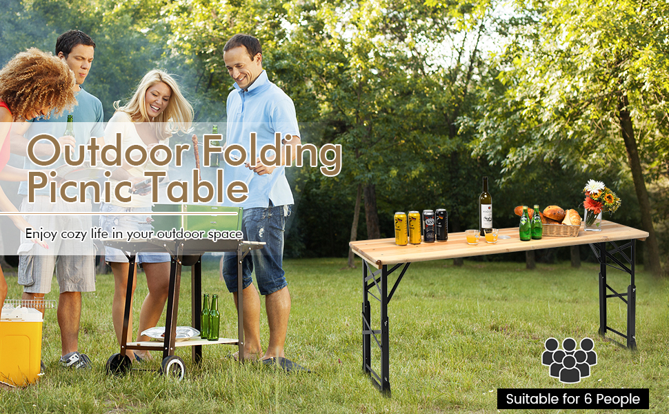 Patio Folding Picnic Table with Adjustable Heights for Camping/Party/Backyard