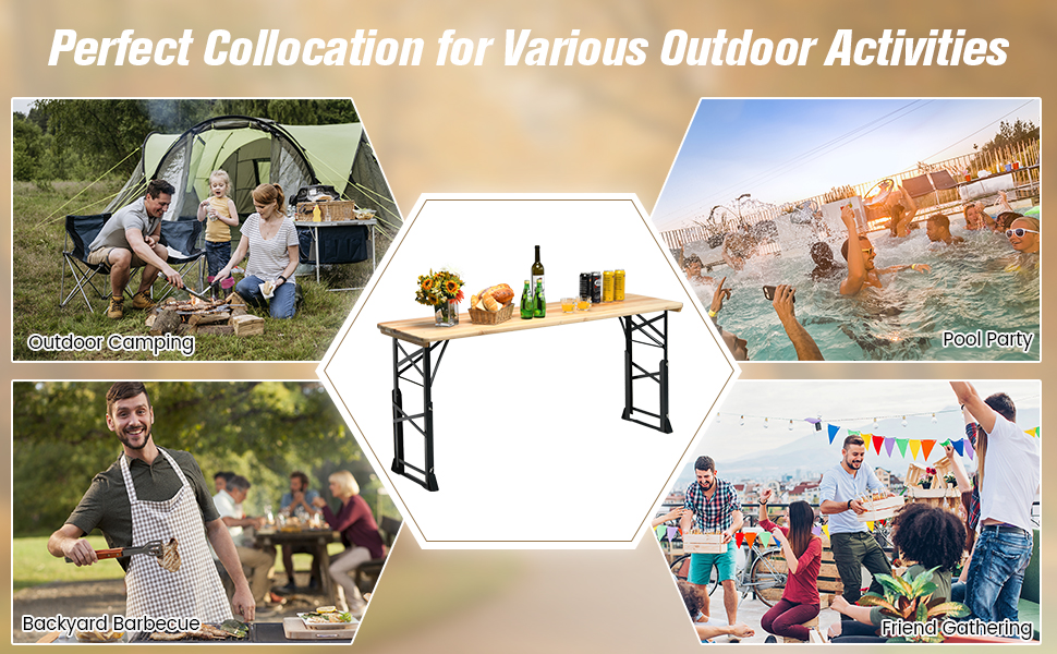 Patio Folding Picnic Table with Adjustable Heights for Camping/Party/Backyard