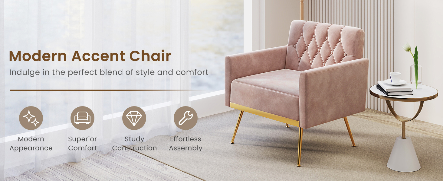 Modern Velvet Accent Chair with Button Tufted Back and Golden Metal Legs