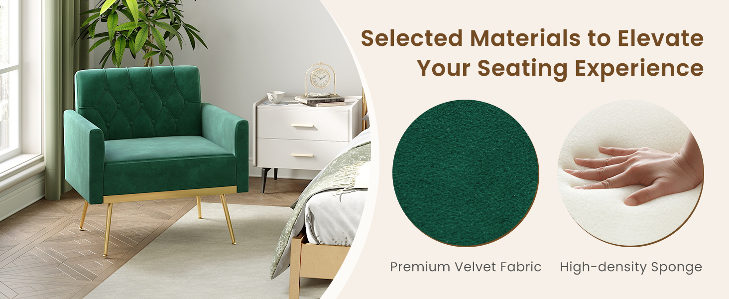 Modern Velvet Accent Chair with Button Tufted Back and Golden Metal Legs