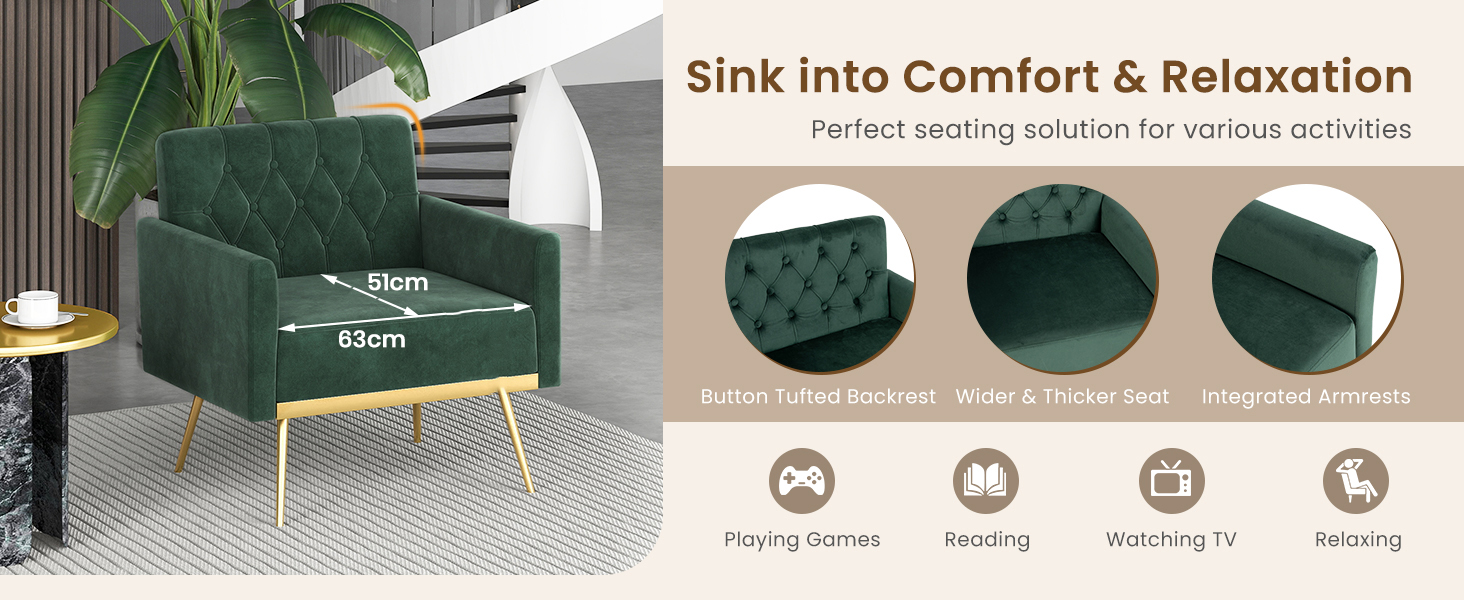 Modern Velvet Accent Chair with Button Tufted Back and Golden Metal Legs
