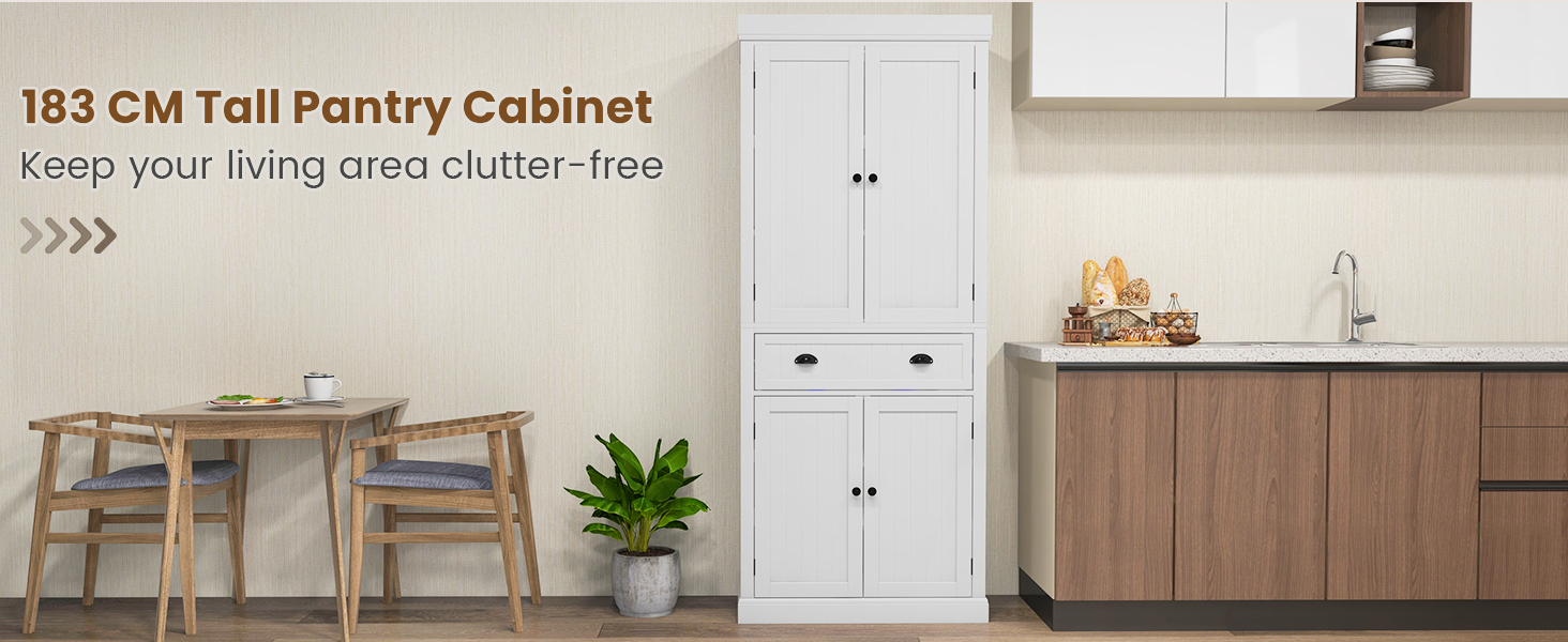 4-Door Tall Kitchen Cupboard Adjustable Shelves and Drawer