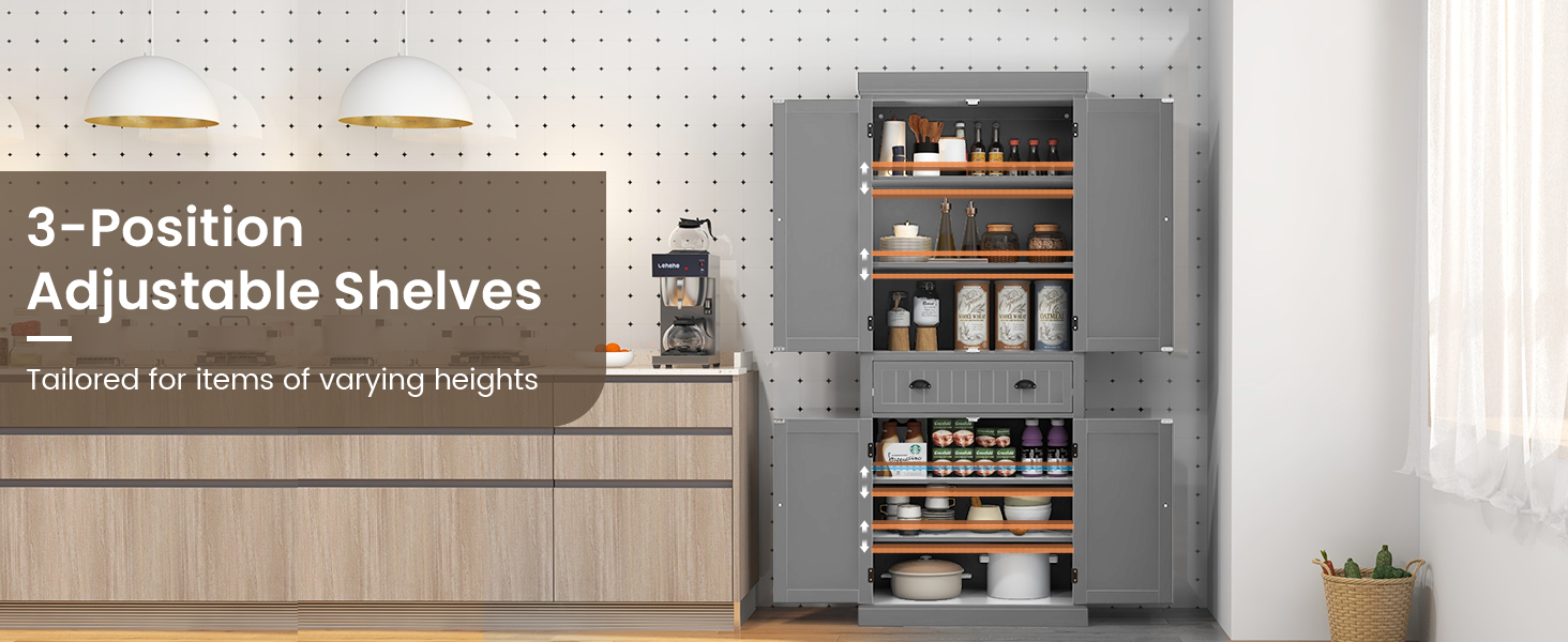 4-Door Tall Kitchen Cupboard Adjustable Shelves and Drawer