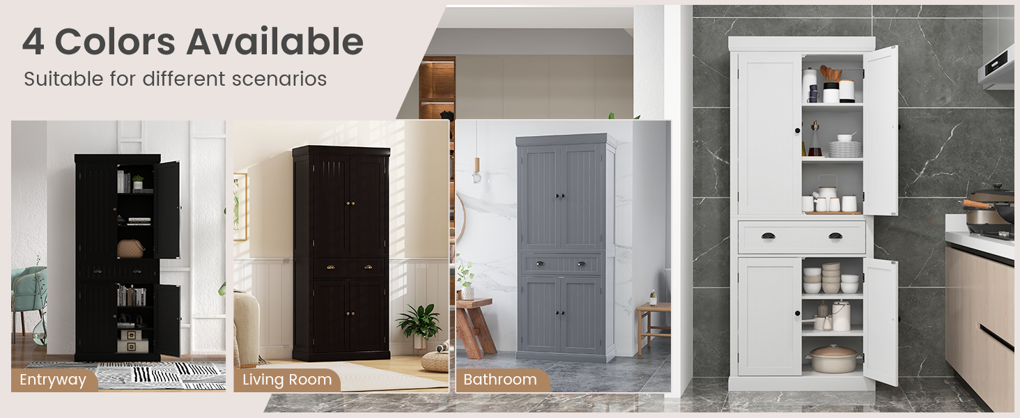 4-Door Tall Kitchen Cupboard Adjustable Shelves and Drawer