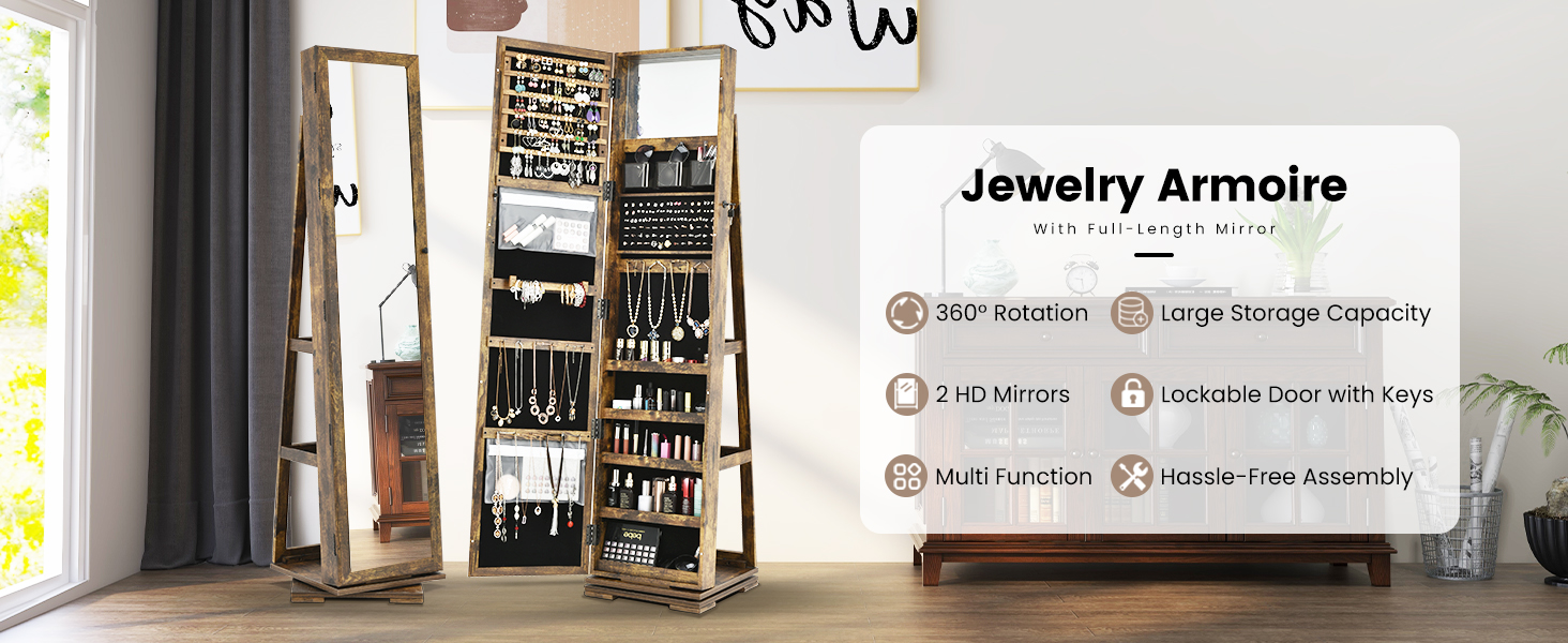 Full Length Mirrored Jewellery Cabinet Rotates 360 with Open Display Shelves