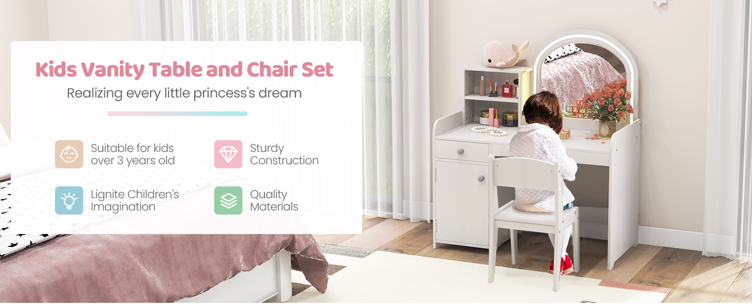 Kids Vanity Table and Chair Set with Shelves Drawer and Cabinet