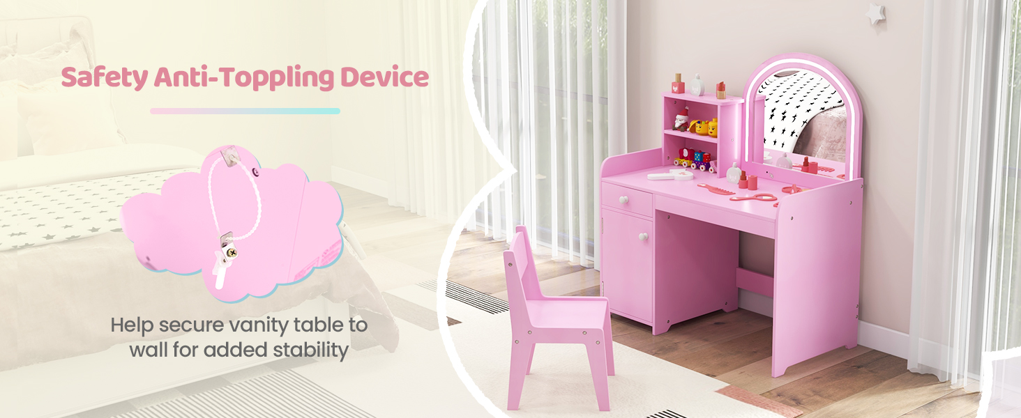 Kids Vanity Table and Chair Set with Shelves Drawer and Cabinet