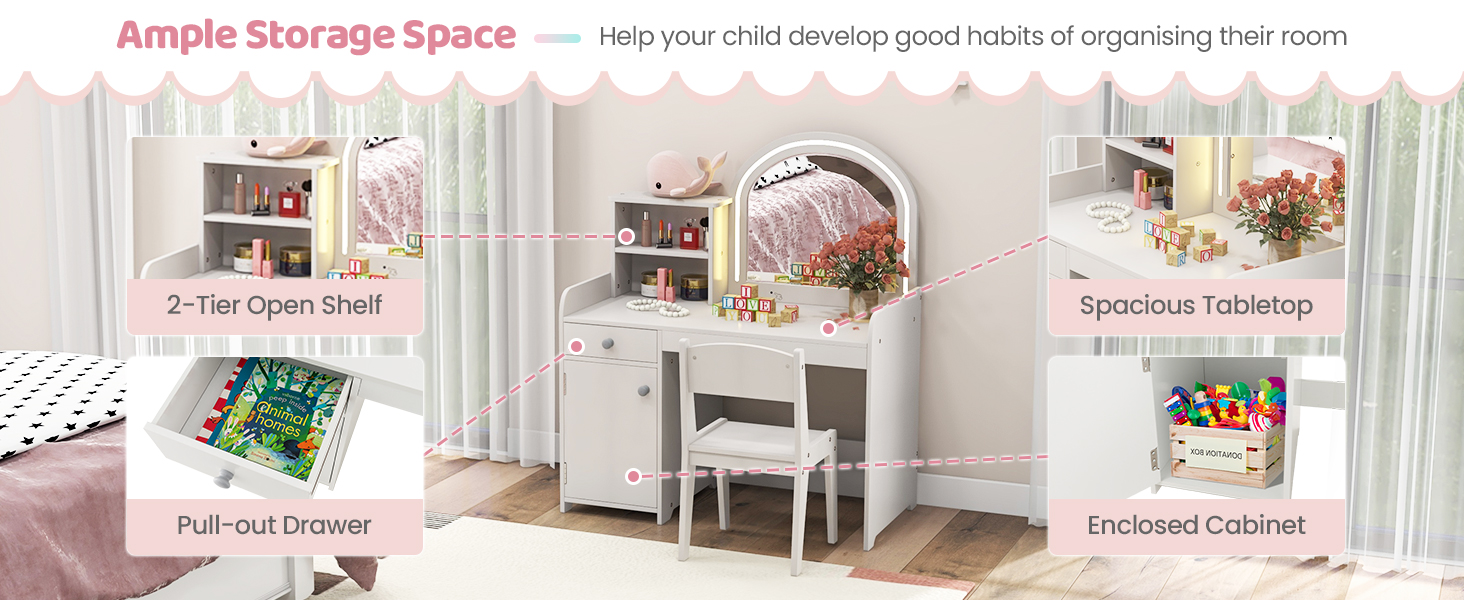 Kids Vanity Table and Chair Set with Shelves Drawer and Cabinet