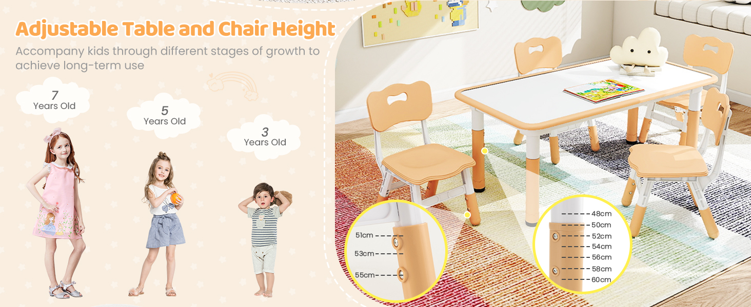 Height-Adjustable Kids Table And 4 Chairs Set, Toddler Table And Chair Set With Graffiti Desktop 31 5 L X 23 6 W Children Activity Daycare Classroom Home