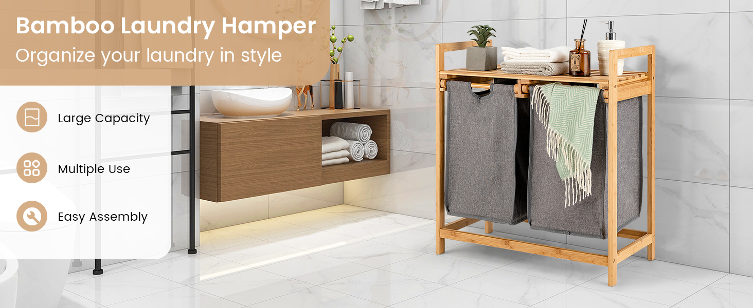 Bamboo Laundry Hamper with Dual Compartments and Removable Sliding Bags