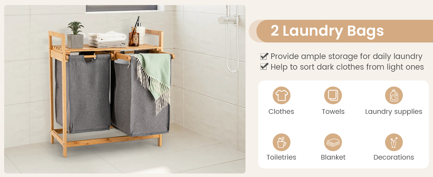 Bamboo Laundry Hamper with Dual Compartments and Removable Sliding Bags