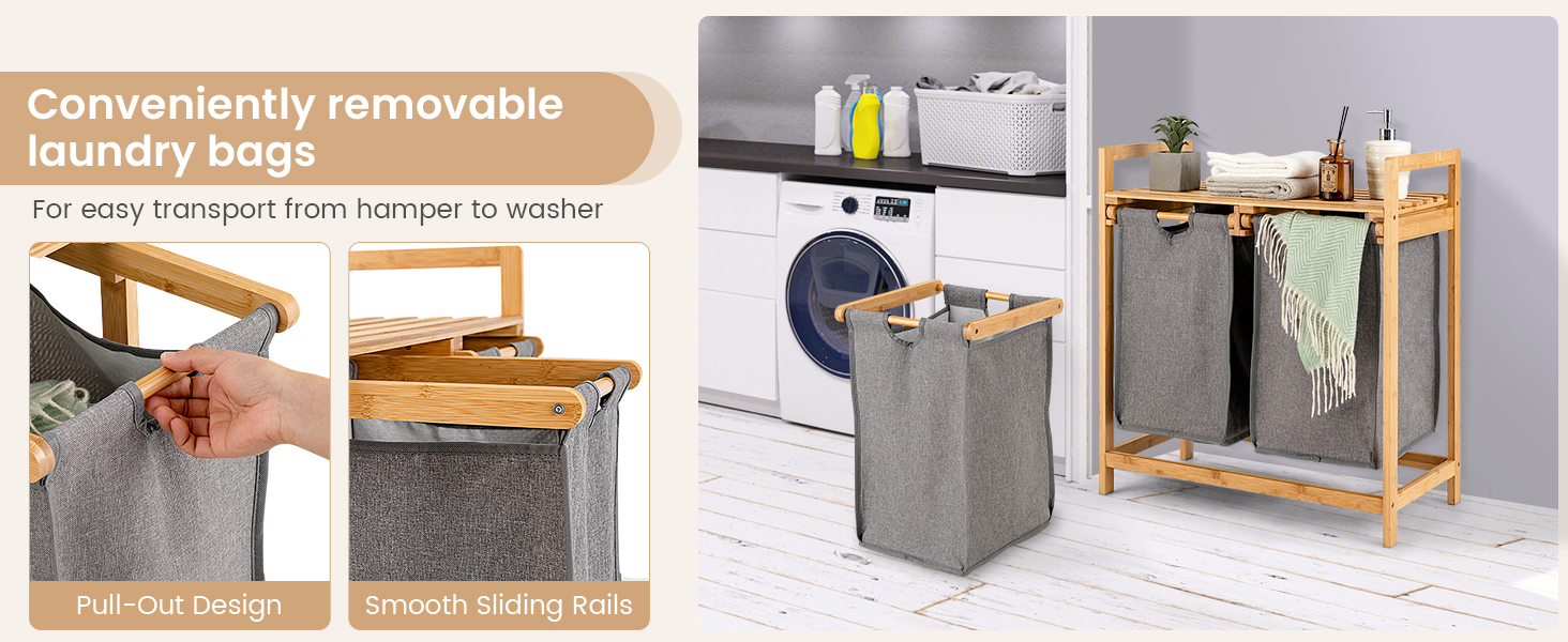 Bamboo Laundry Hamper with Dual Compartments and Removable Sliding Bags