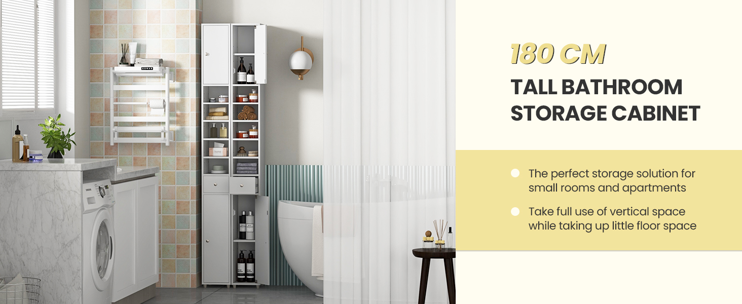 180CM Tall Freestanding Bathroom Cabinet with 2 Doors and 1 Drawer Costway