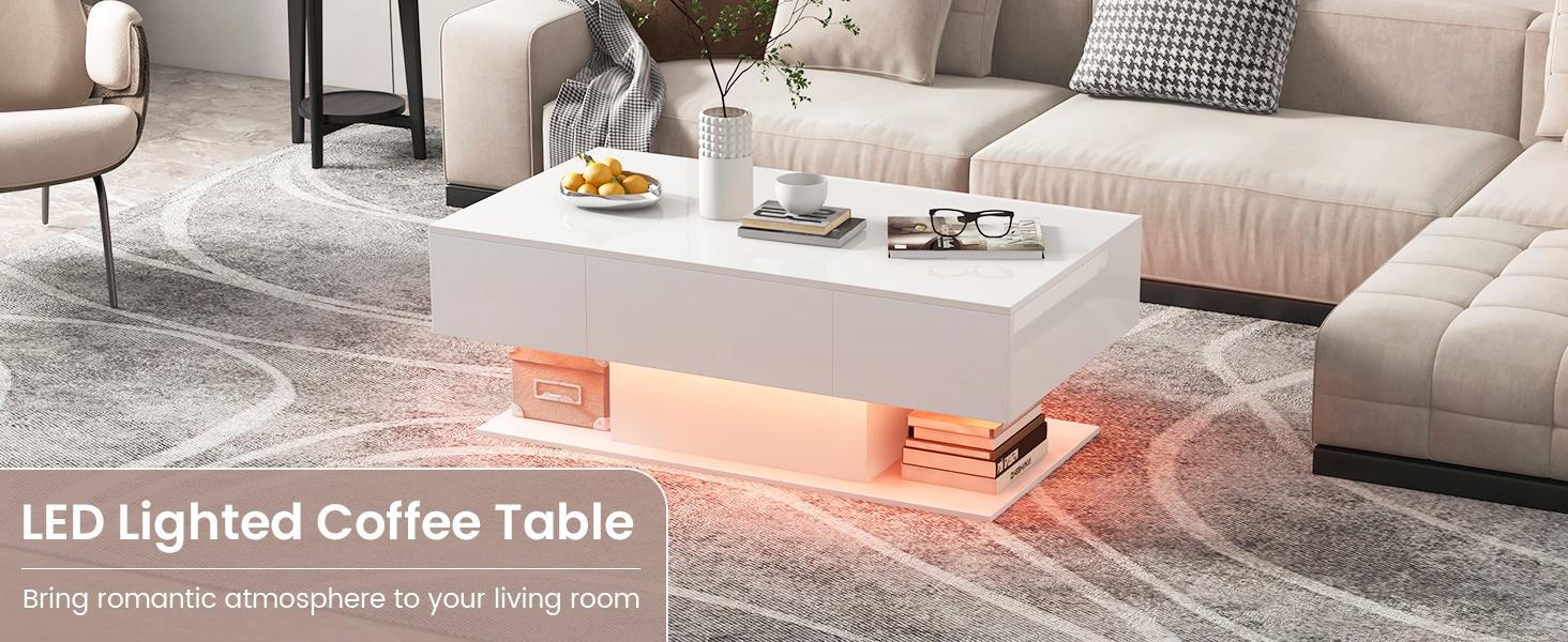 LED Coffee Table with 2 Drawers and Remote Control