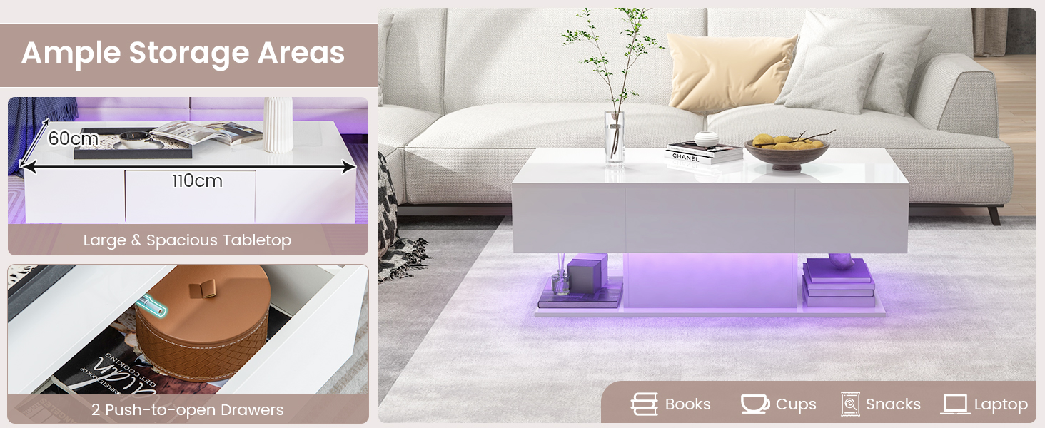 LED Coffee Table with 2 Drawers and Remote Control