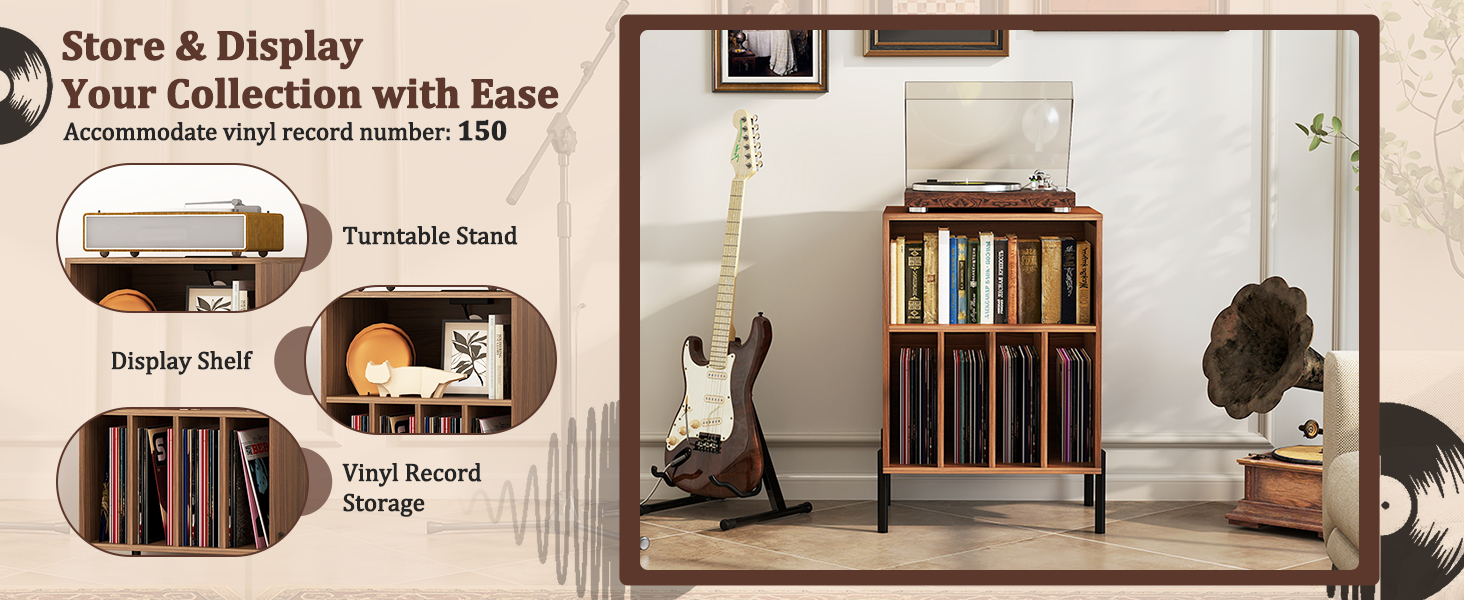 Record Player Stand With Vinyl Storage - Holds 350+ Albums, 3-Tier Display