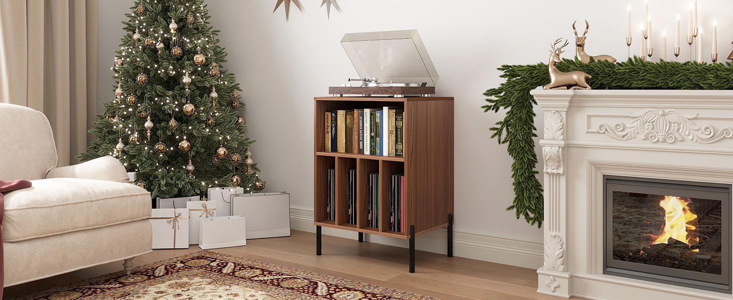 COSTWAY Platenspelerstandaard met laadstation, 3-traps platenstandaard, vinylplaten, opbergtafel met plank en 4 scheidingswanden voor woonkamer, 48 x