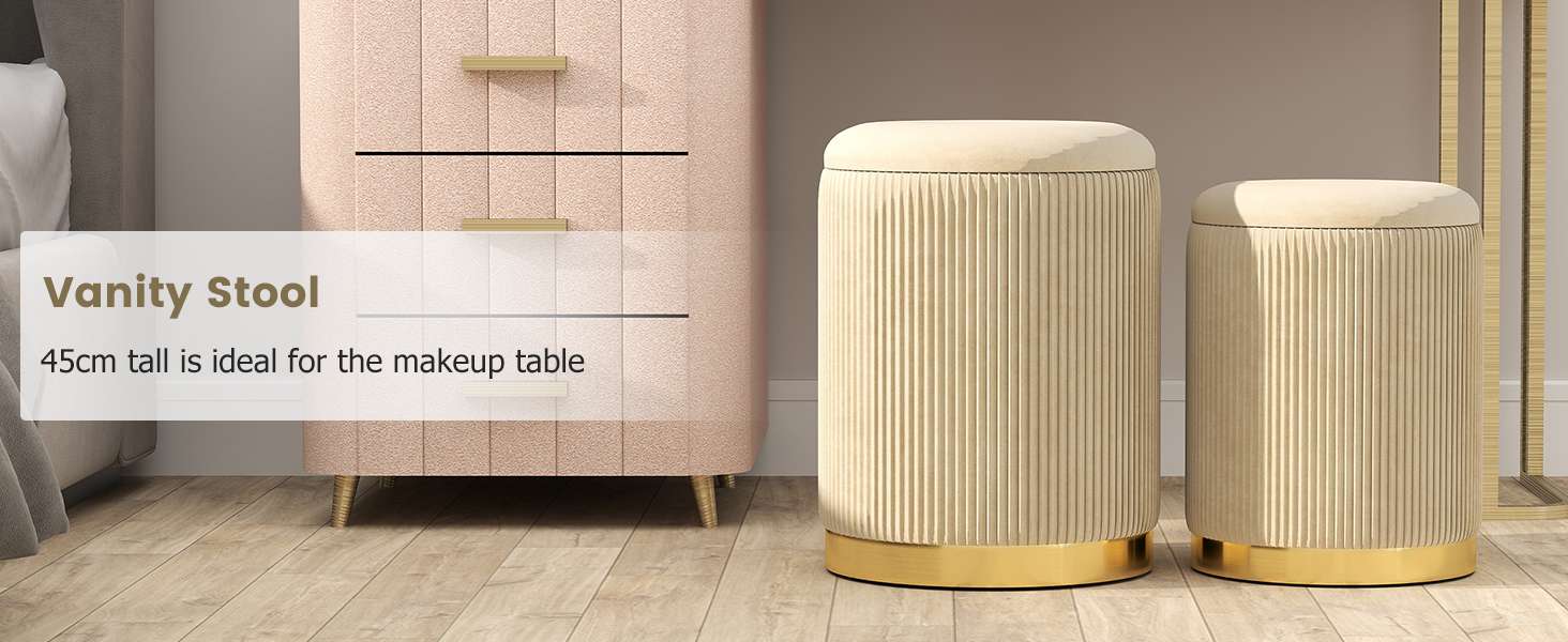 Velvet Storage Ottoman Set of 2 with Gold Stainless Steel Hoop