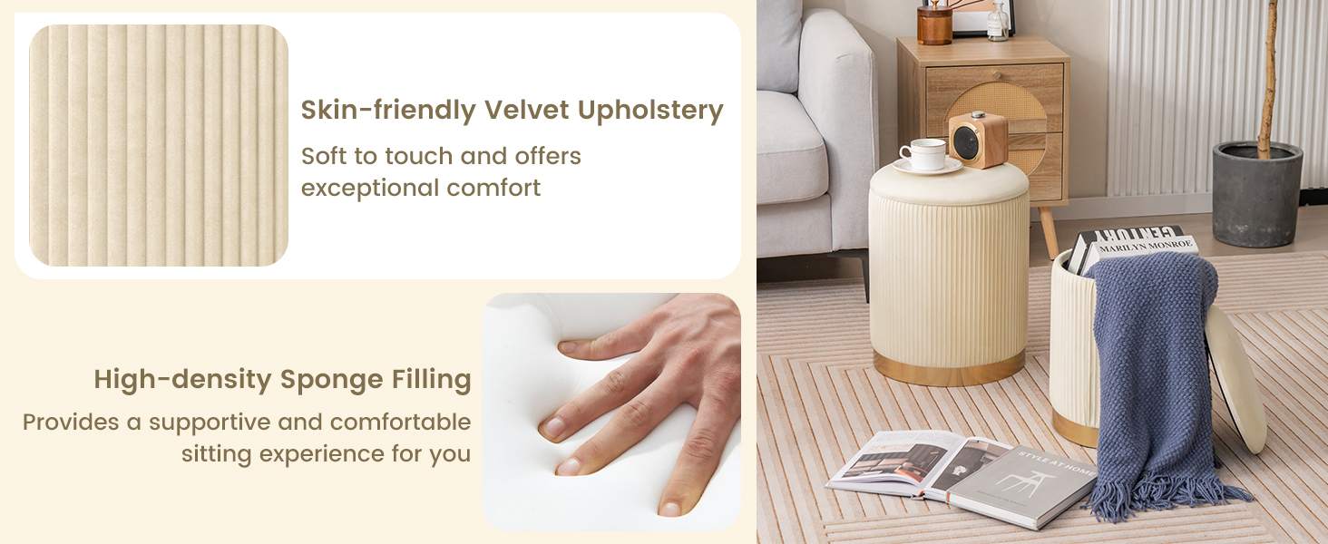 Velvet Storage Ottoman Set of 2 with Gold Stainless Steel Hoop