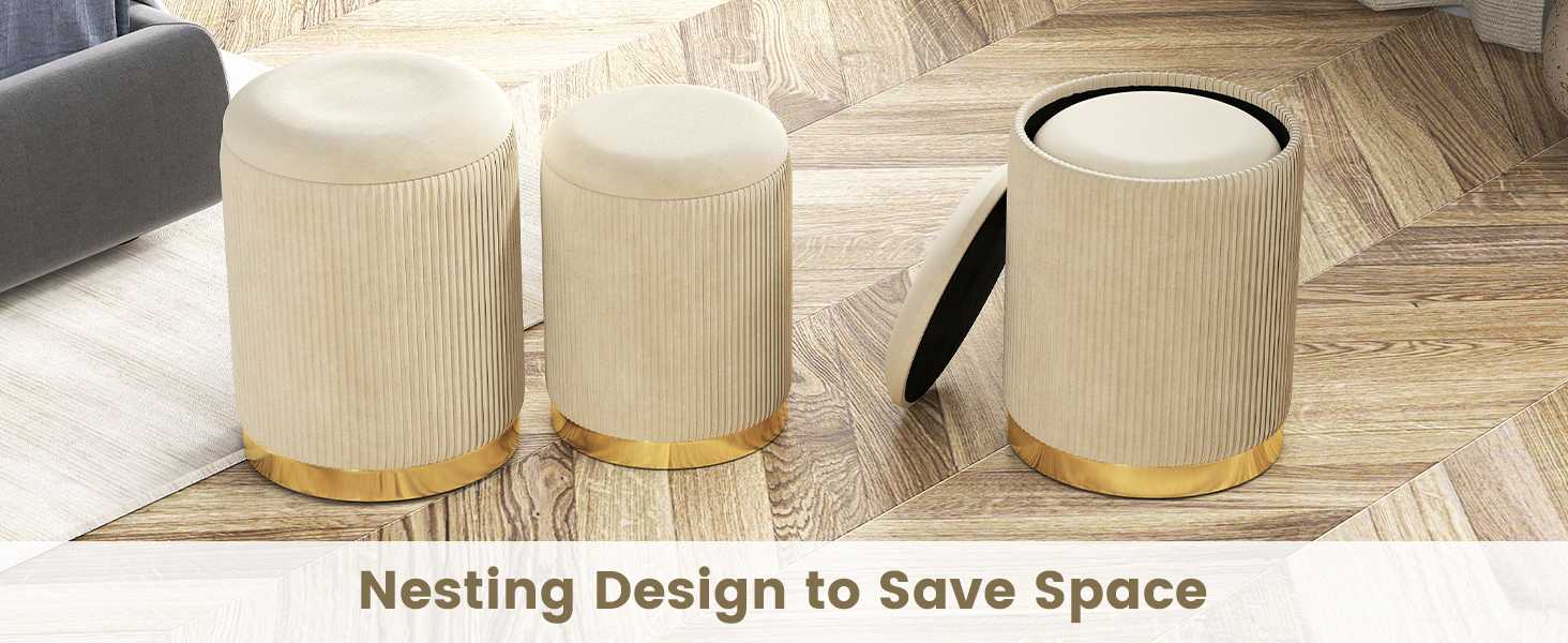 Velvet Storage Ottoman Set of 2 with Gold Stainless Steel Hoop