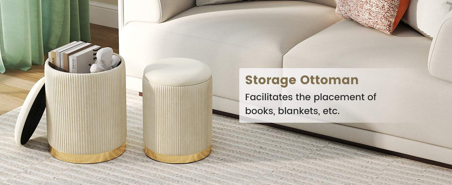 Velvet Storage Ottoman Set of 2 with Gold Stainless Steel Hoop