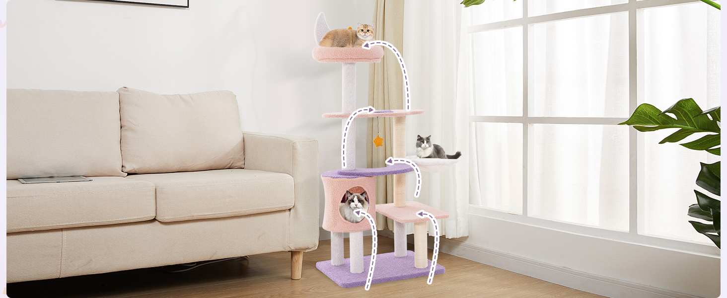 Multi-level Cute Cat Tree with Sisal Covered Scratching Posts and Condo