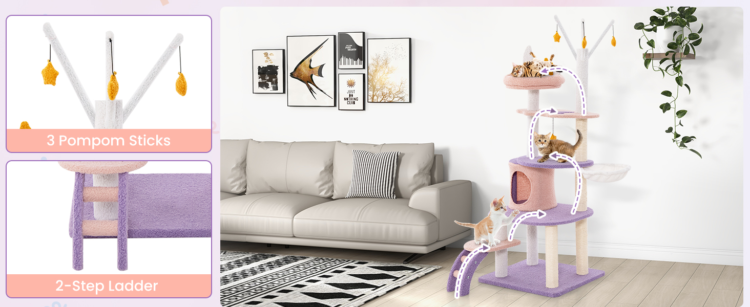 Multi-level Cute Cat Tree with Sisal Covered Scratching Posts and Condo