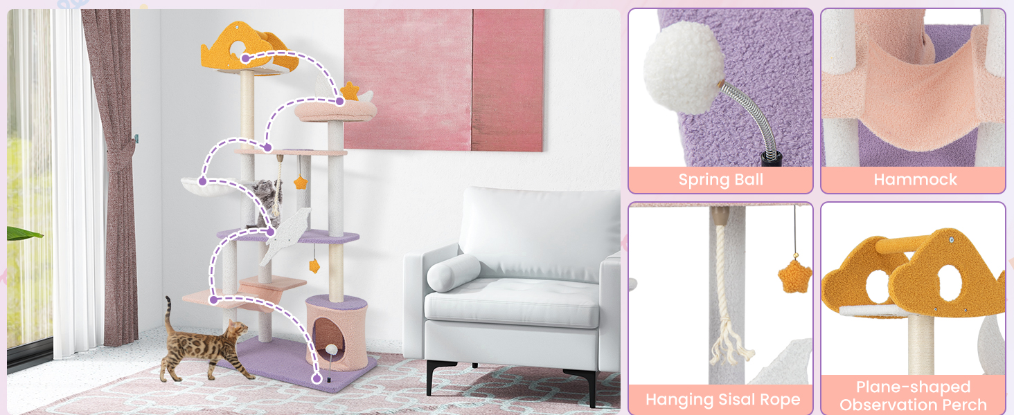 Multi-level Cute Cat Tree with Sisal Covered Scratching Posts and Condo