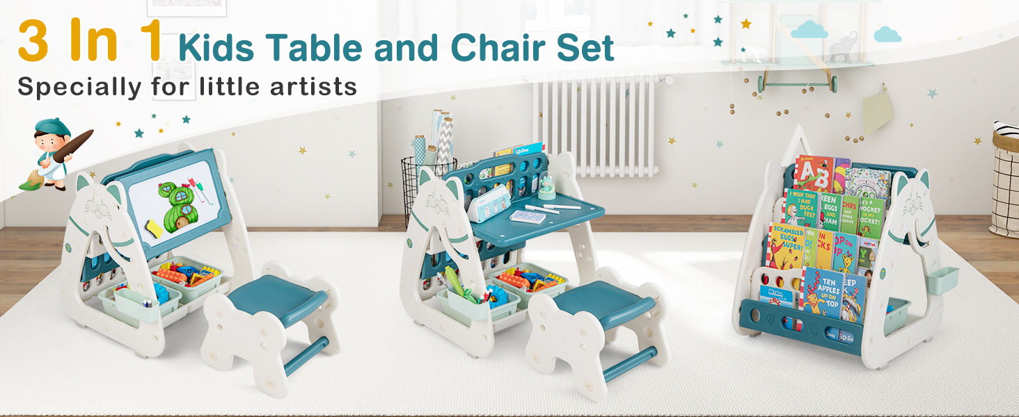 3 in 1 Kids Art Easel with Stool and Multi-Layer Book Rack