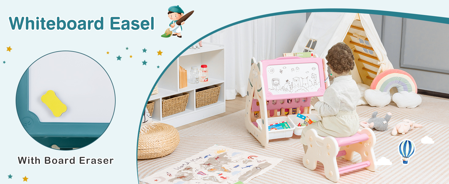 3 in 1 Kids Art Easel with Stool and Multi-Layer Book Rack