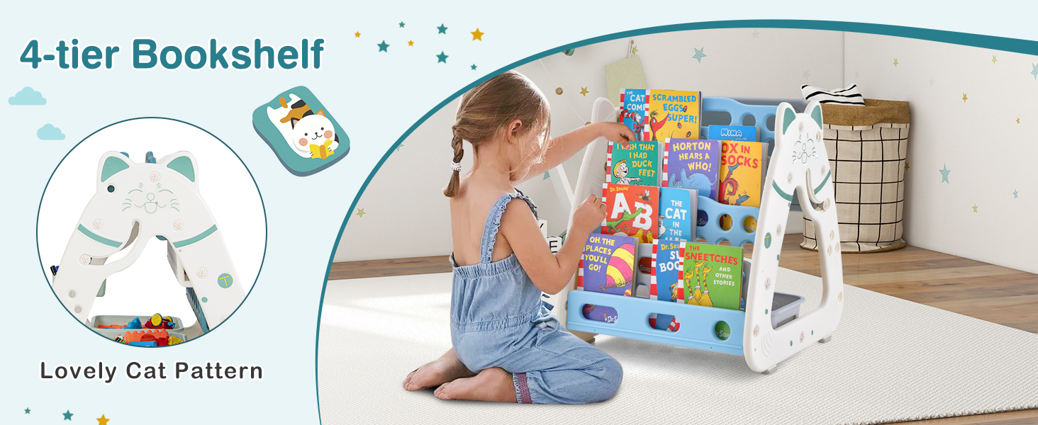 3 in 1 Kids Art Easel with Stool and Multi-Layer Book Rack