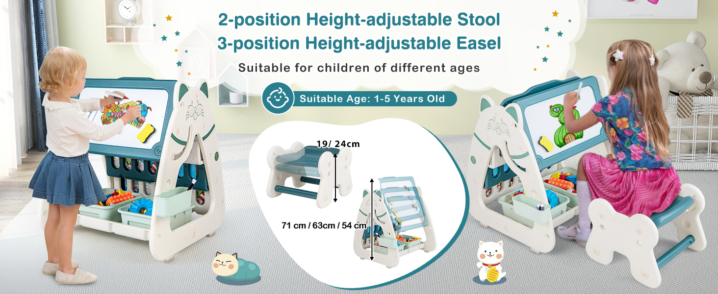 3 in 1 Kids Art Easel with Stool and Multi-Layer Book Rack