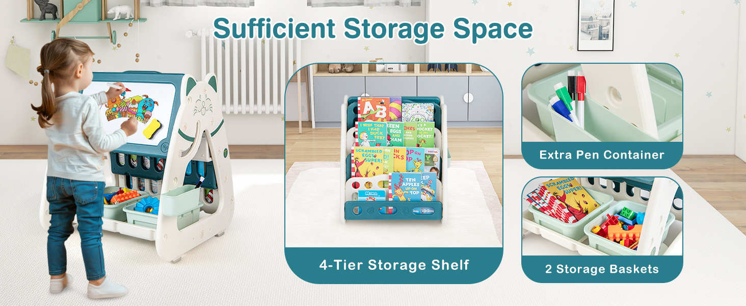 3 in 1 Kids Art Easel with Stool and Multi-Layer Book Rack