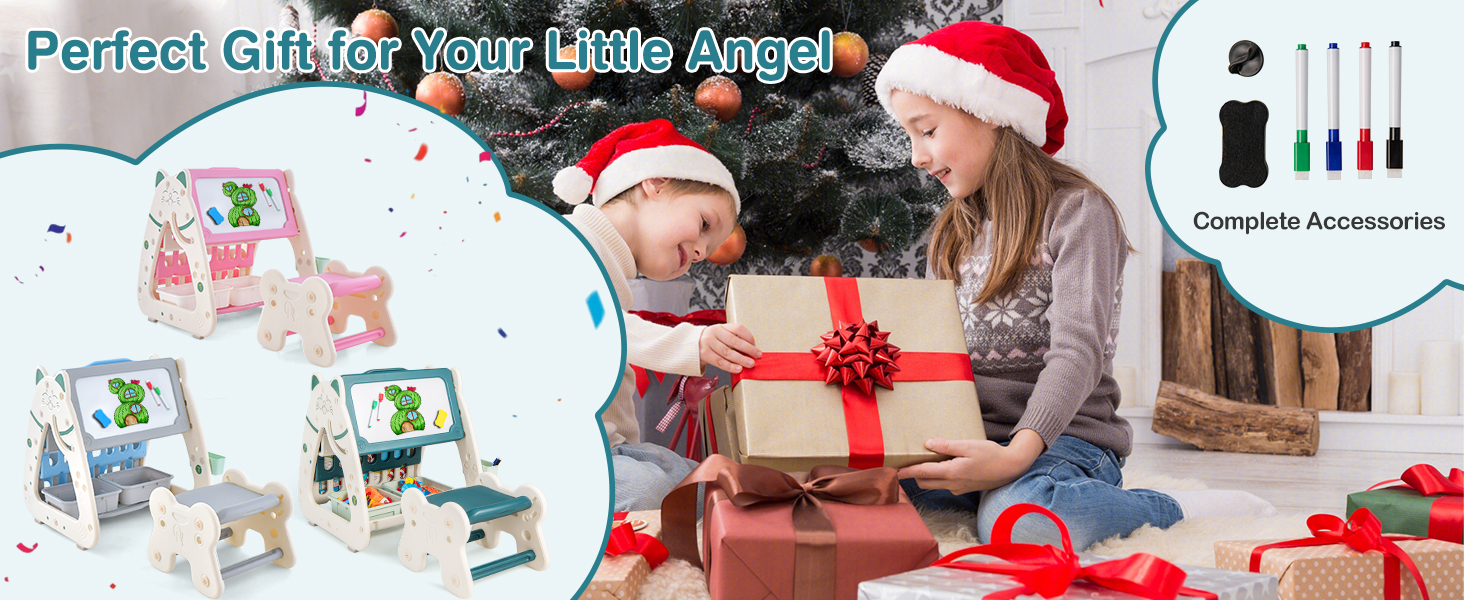 3 in 1 Kids Art Easel with Stool and Multi-Layer Book Rack