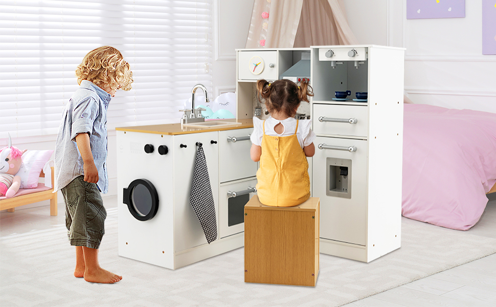 2 Pieces Kids Pretend Play Set with Stool and Real Sounds Light