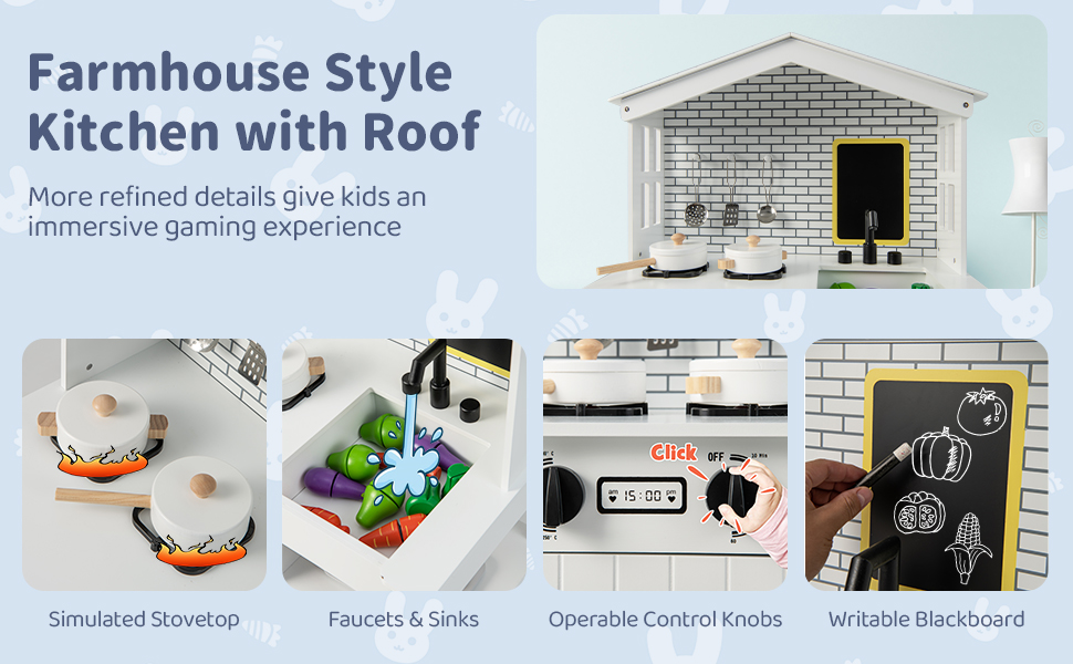 Kids Play Kitchen Pretend Playset with Stoves and Chalkboard