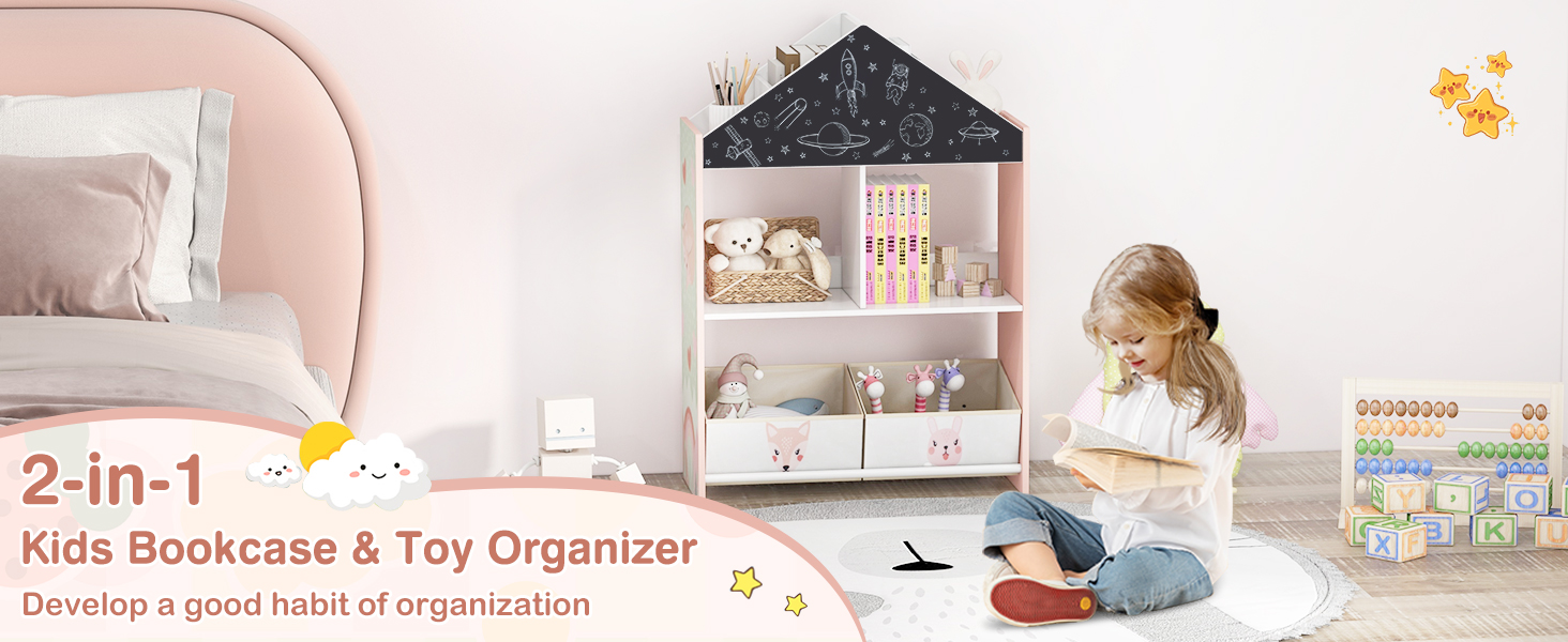 Wooden Kids Dollhouse Bookshelf Toy Storage Organizer with Chalkboard