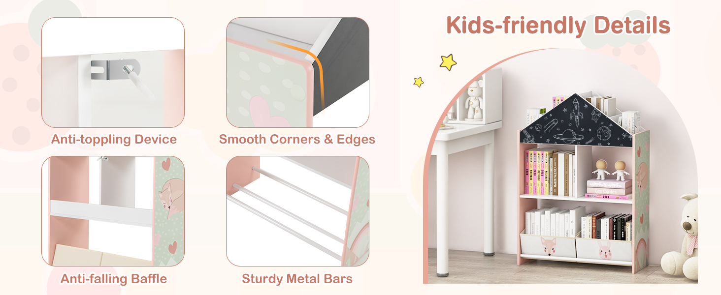 Wooden Kids Dollhouse Bookshelf Toy Storage Organizer with Chalkboard