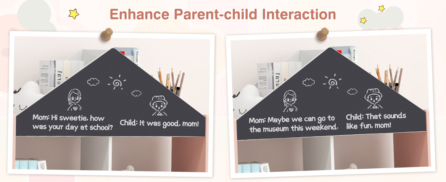 Wooden Kids Dollhouse Bookshelf Toy Storage Organizer with Chalkboard