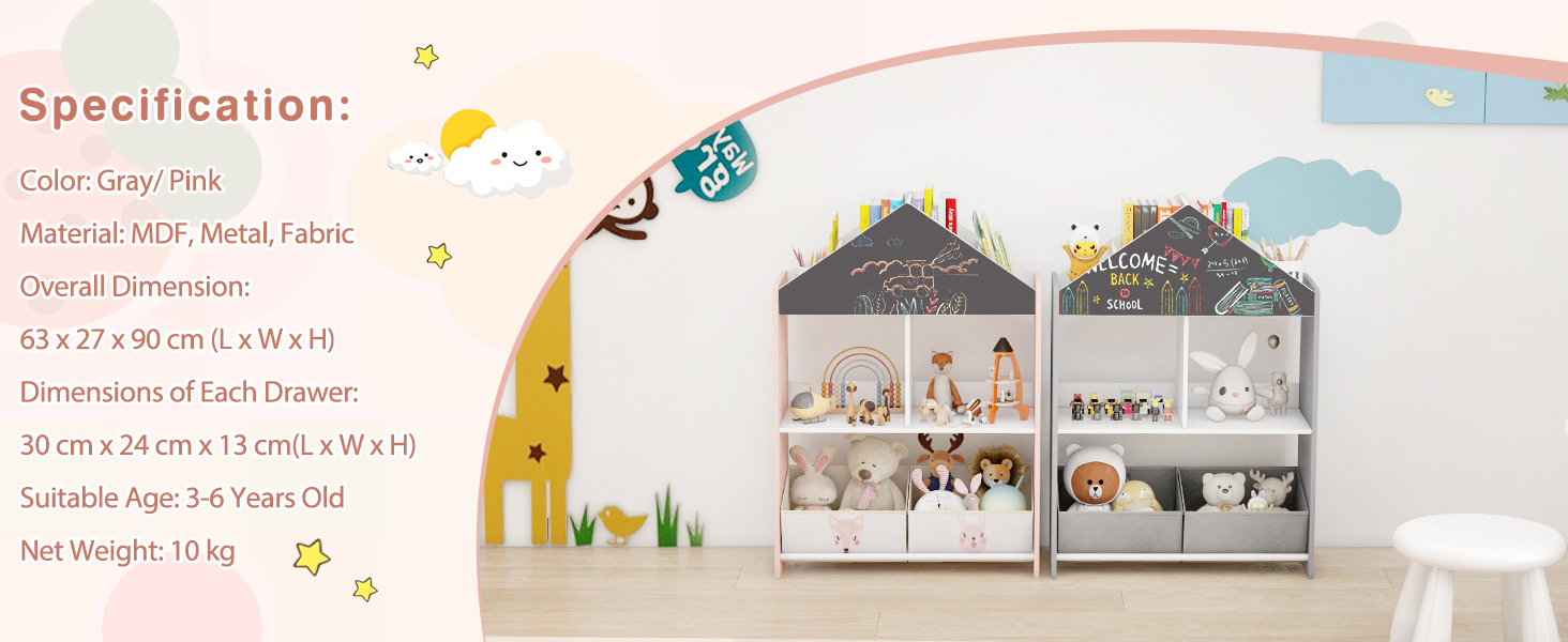 Wooden Kids Dollhouse Bookshelf Toy Storage Organizer with Chalkboard