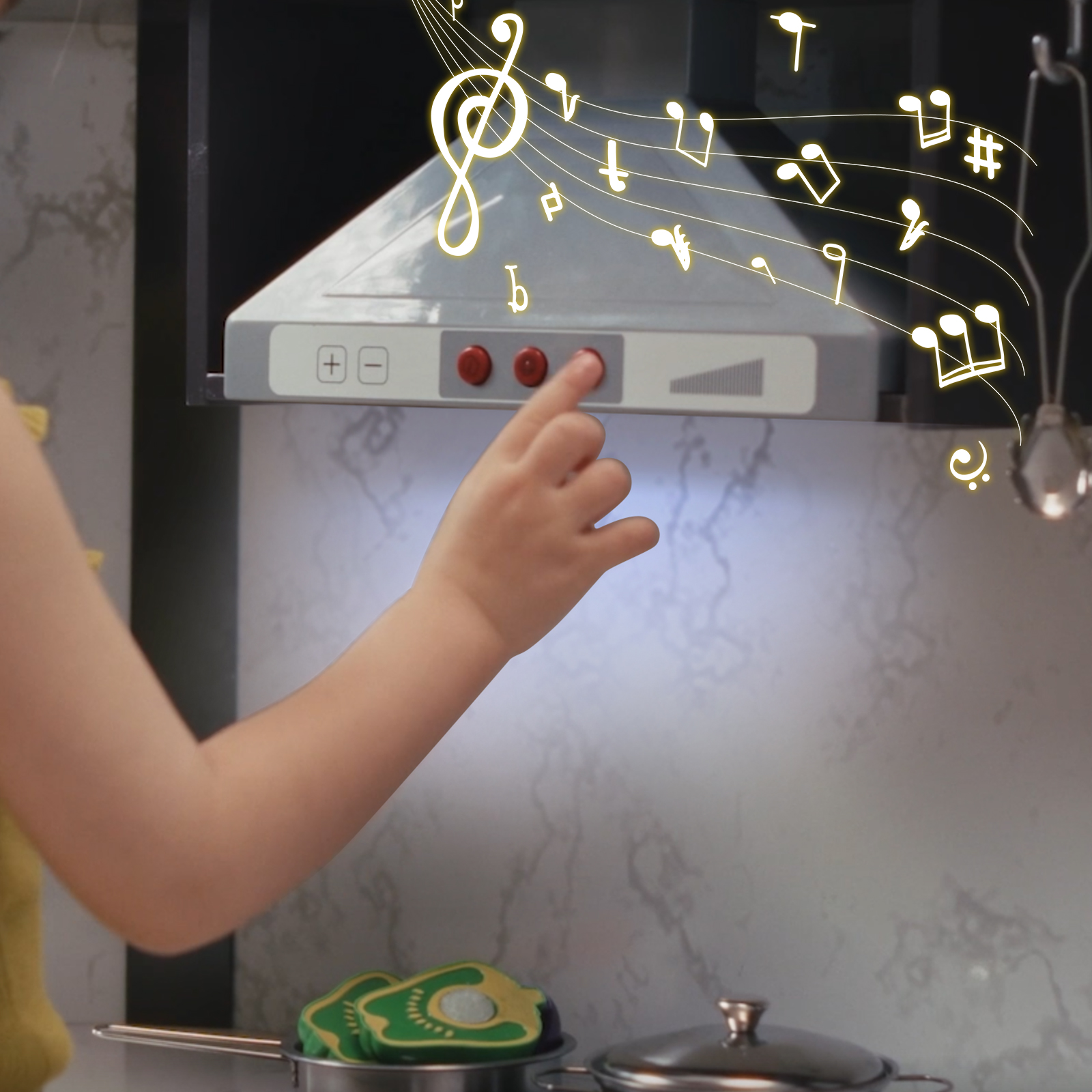 Child interacting with the lighted range hood of a wooden kids play kitchen playset, enhancing imaginative play.