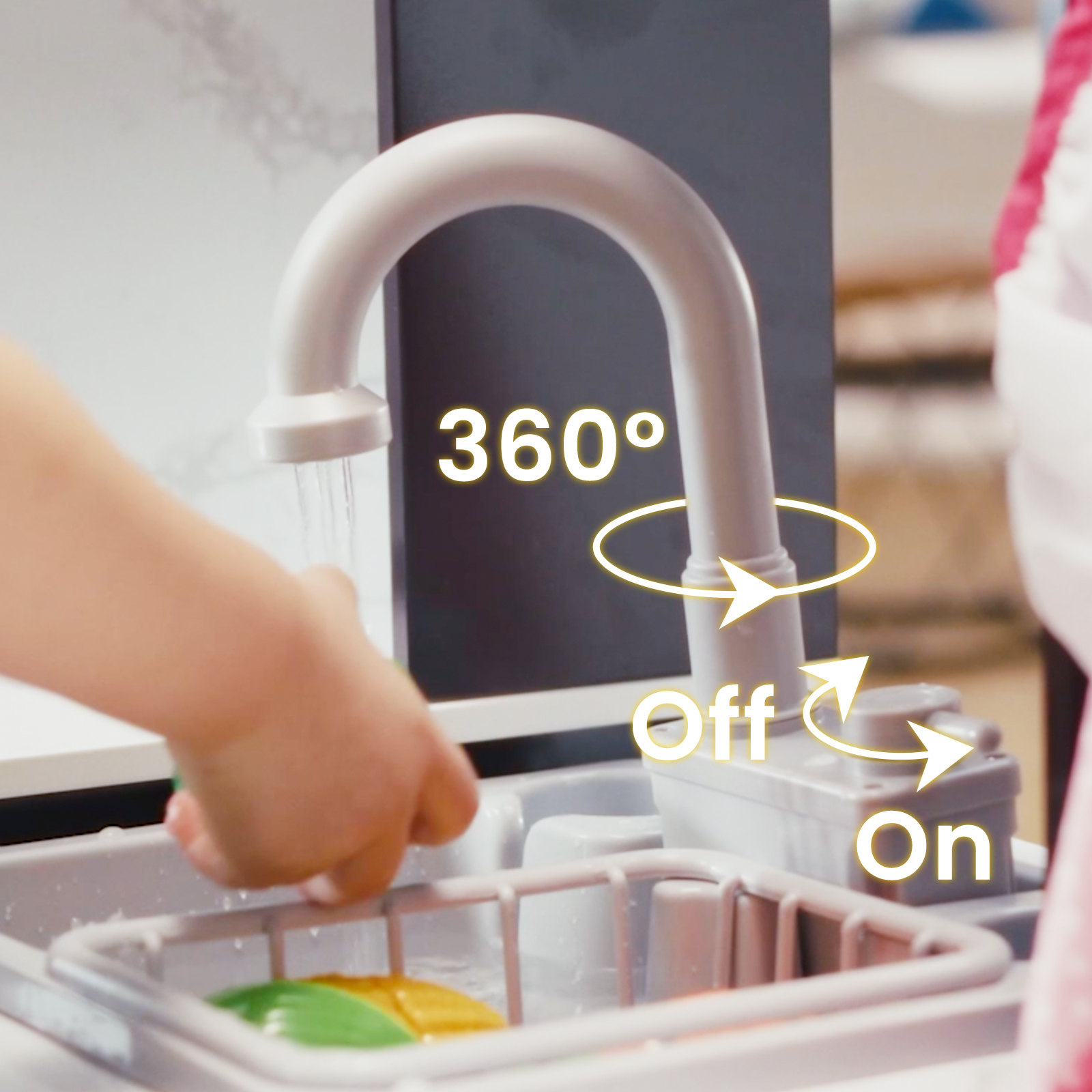 Faucet with 360° rotation and automatic water circulation in a wooden kids play kitchen playset for imaginative play.